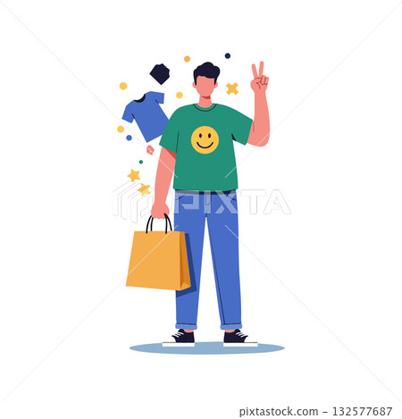 Young man holding shopping bag and showing peace sign with green shirt and blue pants vector illustration Young man holding shopping bag and showing peace sign with green shirt and blue pants vector illustration 132577687