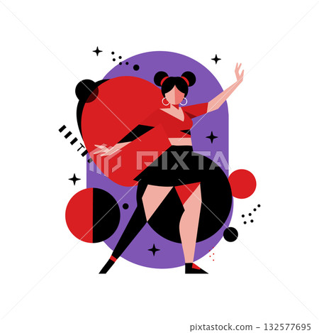 Female dancer performing flamenco dance with red and black costume vector illustration Female dancer performing flamenco dance with red and black costume vector illustration 132577695