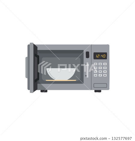 Microwave oven with open door and bowl inside kitchen appliance vector illustration Microwave oven with open door and bowl inside kitchen appliance vector illustration 132577697