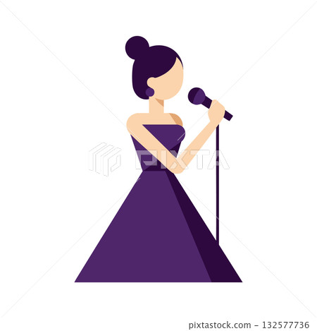 Female singer performing on stage in purple dress with microphone vector illustration Female singer performing on stage in purple dress with microphone vector illustration 132577736
