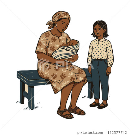 African mother holding newborn baby with daughter standing nearby family scene vector illustration 132577742
