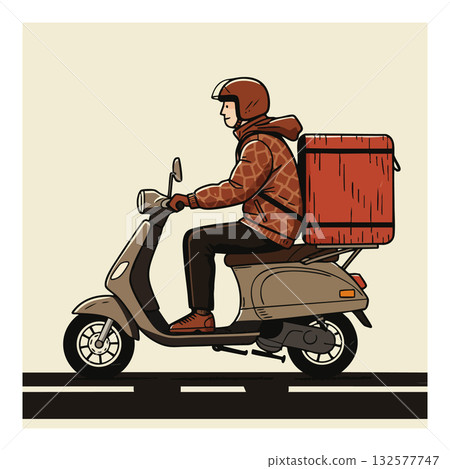 Delivery person riding scooter with red insulated box urban courier vector illustration Delivery person riding scooter with red insulated box urban courier vector illustration 132577747
