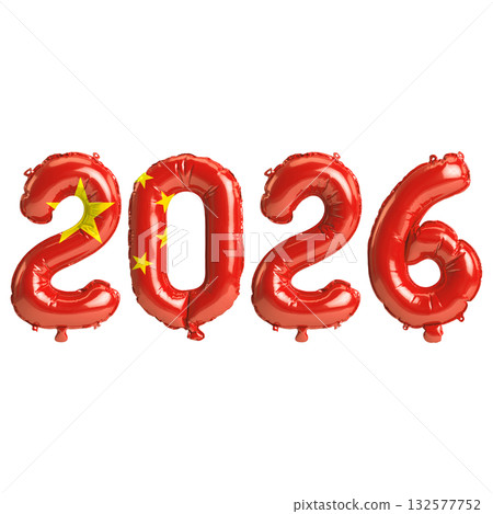 China flag colors 2026 3d illustration, balloon numbers 3d rendering on tra.. 132577752