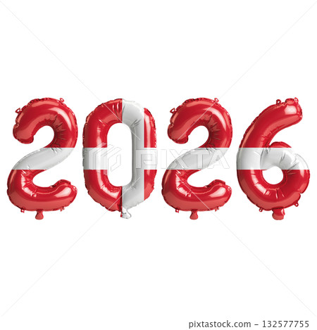 Denmark flag colors 2026 3d illustration, balloon numbers 3d rendering on t.. 132577755