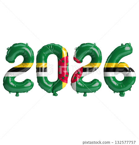 Dominica flag colors 2026 3d illustration, balloon numbers 3d rendering on .. Dominica flag colors 2026 3d illustration, balloon numbers 3d rendering on .. 132577757