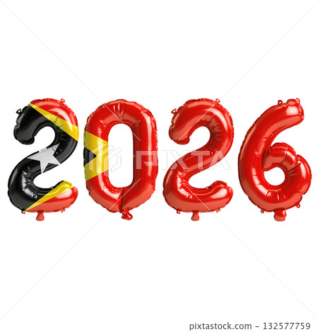 East Timor flag colors 2026 3d illustration, balloon numbers 3d rendering o.. 132577759