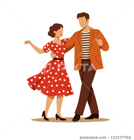 Couple dancing vintage style in polka dot dress and striped shirt vector illustration 132577768