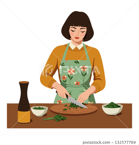 Woman chopping fresh herbs on wooden board with floral apron and brown sweater vector illustration Woman chopping fresh herbs on wooden board with floral apron and brown sweater vector illustration 132577769