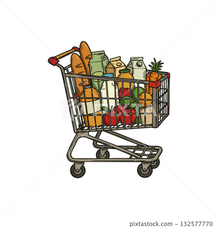 Grocery shopping cart filled with fresh food products and vegetables vector illustration 132577770