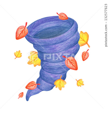 Stylized whirlwind swirling bright autumn leaves, hand-drawn. The blue tornado is drawn with colored pencils. The pencil drawing is isolated on a white background. Natural cataclysm. Clipart. Stylized whirlwind swirling bright autumn leaves, hand-drawn. The blue tornado is drawn with colored pencils. The pencil drawing is isolated on a white background. Natural cataclysm. Clipart. 132577823