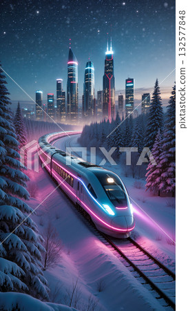 High-speed futuristic train with glowing neon lines rides through snowy forest towards a modern city. Winter landscape, sci-fi style, travel, technology and holiday mood concept, vertical format. 132577848