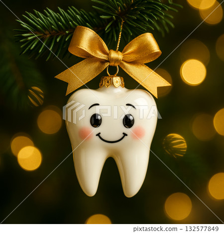 Smiling cartoon tooth ornament with a gold bow hangs on a Christmas tree. Festive concept for dental clinic greeting cards, New Year celebration, or holiday oral health promotion. 132577849