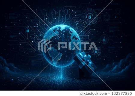 A digital Earth emerges from a gift box, surrounded by luminous network lines, padlock icons, and circuit patterns. Concept of cyber security, global AI and data protection in futuristic style. 132577850