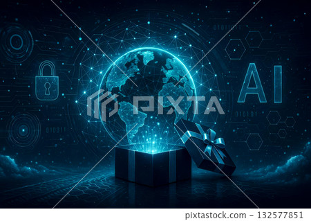 Glowing holographic Earth with digital connections rises from a gift box, surrounded by AI, lock and network icons. Futuristic concept of global technology, data exchange, innovation and security. Glowing holographic Earth with digital connections rises from a gift box, surrounded by AI, lock and network icons. Futuristic concept of global technology, data exchange, innovation and security. 132577851