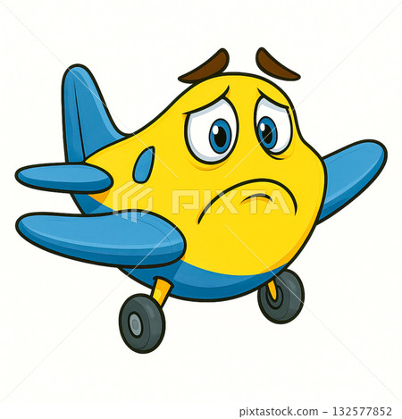 Cartoon airplane character in yellow and blue with sad eyes and frowning mouth. Clean white background, high resolution, vivid colors, digital illustration for commercial use and printing. 132577852