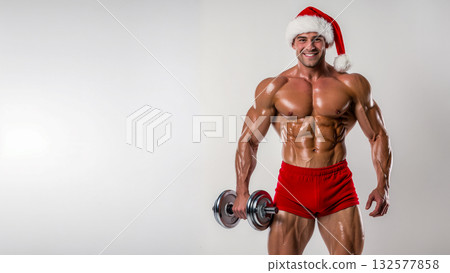 Shirtless athletic man dressed as Santa Claus smiles while holding dumbbell. Red shorts and hat, white background. Perfect for holiday gym campaigns, New Year fitness ads, and winter sales banners. 132577858