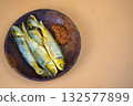 Fried milkfish with sambal, traditional Indonesian culinary dish, served on a wooden plate. Fried milkfish with sambal, traditional Indonesian culinary dish, served on a wooden plate. 132577899