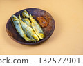 Fried milkfish with sambal, traditional Indonesian culinary dish, served on a wooden plate. Fried milkfish with sambal, traditional Indonesian culinary dish, served on a wooden plate. 132577901