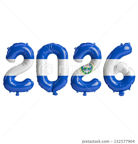 El Salvador flag colors 2026 3d illustration, balloon numbers 3d rendering .. 132577904