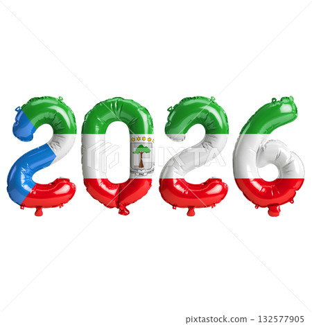 Equatorial Guinea flag colors 2026 3d illustration, balloon numbers 3d rend.. 132577905