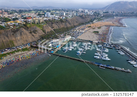 Aerial view of the beaches of the city of Lima on the Costa Verde. Aerial view of the beaches of the city of Lima on the Costa Verde. 132578147