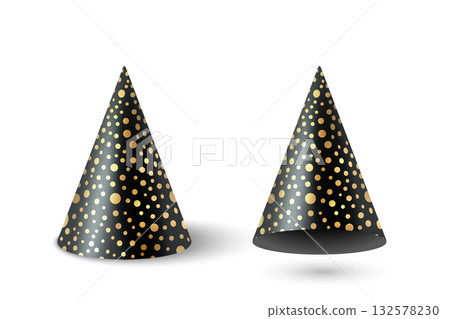 Vector 3d Realistic Party Hat Set in Black with Golden Polka Dots. Glossy Celebration Party Hat for Birthday. New Year, Holiday Event, Carnival Decoration. Festive Accessory. Party Hat Illustration 132578230