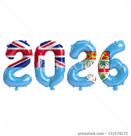 Fiji flag colors 2026 3d illustration, balloon numbers 3d rendering on tran.. 132578272