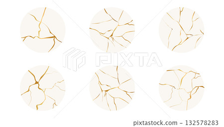 Golden cracks effect in japanese kintsugi art mosaic style. Luxury marble stone. Broken porcelain gold fissures. Marble texture. Luxury design for wall art, wallpaper, wedding card, social media. 132578283