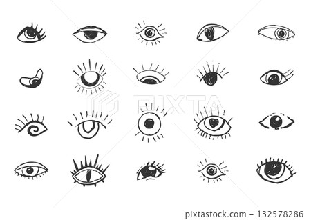 Eyes Crazy collection doodle black eyes. Open eye creative human parts of faces elements, various opened eyes. Black ink vision icon, hand drawn grunge ophthalmologist symbol, drawn charcoal eyes 132578286