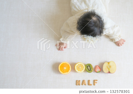 Half Birthday Celebration Fruits and Baby Half Birthday Celebration Fruits and Baby 132578301