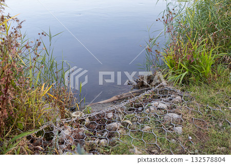 Riverbank protected by gabion wire mesh and rocks, surrounded by diverse green vegetation, reflecting vital ecological erosion control for aquatic habitats 132578804