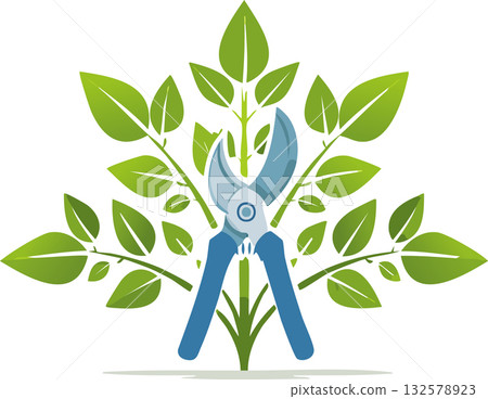 Hand pruning shears cutting branches on leafy shrub symbol of gardening care and plant shaping Hand pruning shears cutting branches on leafy shrub symbol of gardening care and plant shaping 132578923