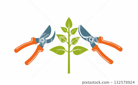 Gardening tool snips twigs for neat garden design promoting strong growth and vibrant foliage Gardening tool snips twigs for neat garden design promoting strong growth and vibrant foliage 132578924