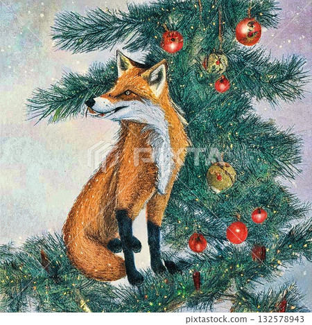 Winter card Merry Christmas and Happy New Year with a fox. Generative AI. 132578943