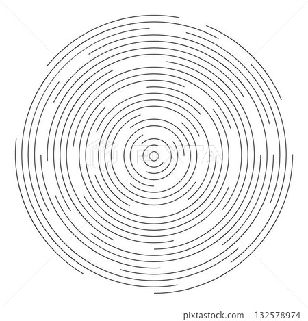 Circular ripple shape. Concentric circles with broken lines isolated on white background. Vortex, vibration, sonar wave, soundwave, sunburst or radio signal sign. Vector graphic illustration 132578974