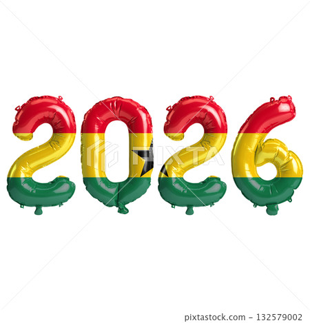 Ghana flag colors 2026 3d illustration, balloon numbers 3d rendering on tra.. Ghana flag colors 2026 3d illustration, balloon numbers 3d rendering on tra.. 132579002