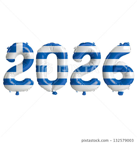 Greece flag colors 2026 3d illustration, balloon numbers 3d rendering on tr.. Greece flag colors 2026 3d illustration, balloon numbers 3d rendering on tr.. 132579003
