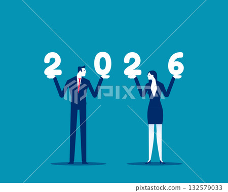 2026. Businessman and businesswoman holding figures of 2026 2026. Businessman and businesswoman holding figures of 2026 132579033
