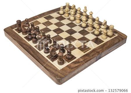 Wood chess board with white and dark chessmen 132579066