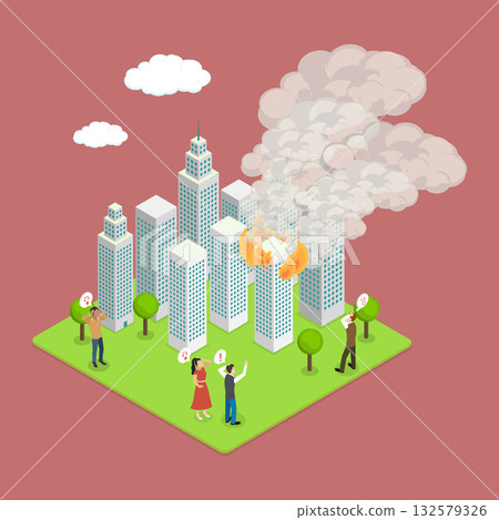 3D Isometric Flat Vector Illustration of Condo in Fire, Tower Of Apartment Building Engulfed In Flames 3D Isometric Flat Vector Illustration of Condo in Fire, Tower Of Apartment Building Engulfed In Flames 132579326