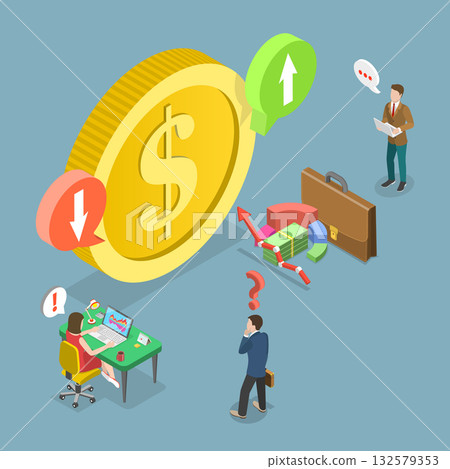 3D Isometric Flat Vector Illustration of Cost Of Dollar, Fluctuating Costs With Arrow Movements 3D Isometric Flat Vector Illustration of Cost Of Dollar, Fluctuating Costs With Arrow Movements 132579353