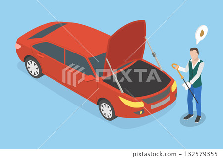 3D Isometric Flat Vector Illustration of Checking Engine Oil Level, Motor Inspecting 132579355