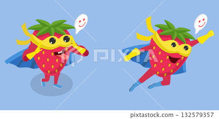 3D Isometric Flat Vector Illustration of Strawberry Superhero, Masked Character With Hands Up In Playful Pose 132579357