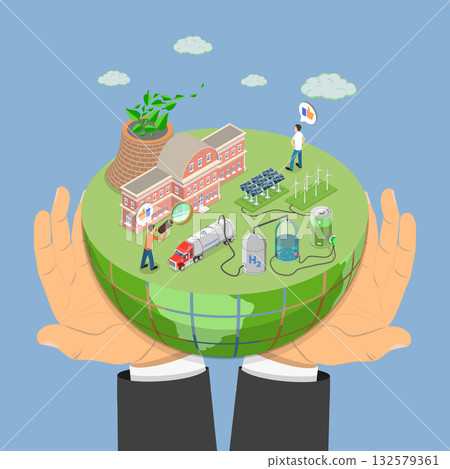 3D Isometric Flat Vector Illustration of Reduction Of CO2 Emission, Carbon Capturing 132579361