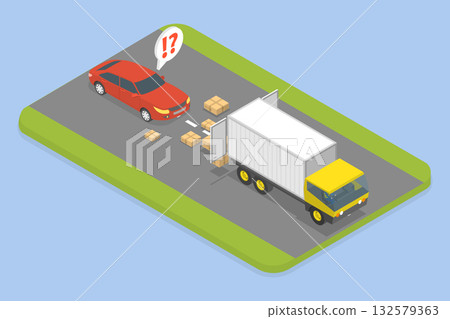 3D Isometric Flat Vector Illustration of Road Accident, Boxes Spilled From Truck Into Passing Car Due To Door Being Left Unlocked 132579363