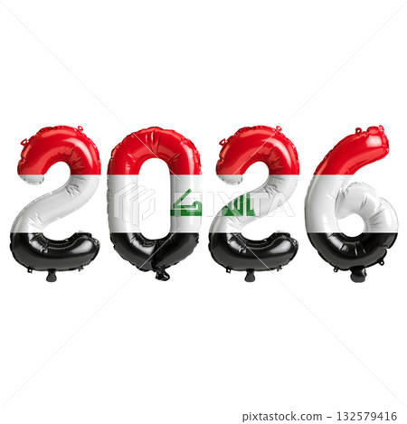 Iraq flag colors 2026 3d illustration, balloon numbers 3d rendering on tran.. 132579416
