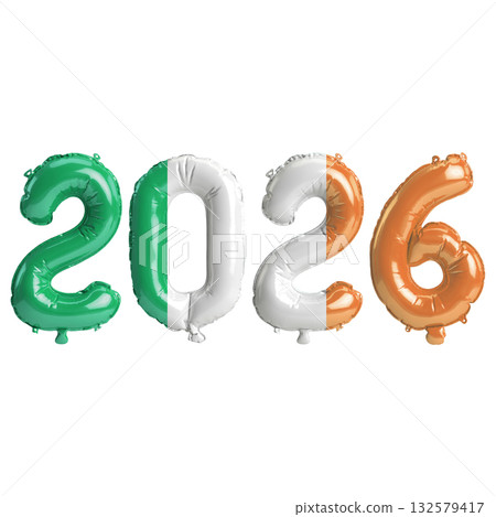 Ireland flag colors 2026 3d illustration, balloon numbers 3d rendering on t.. Ireland flag colors 2026 3d illustration, balloon numbers 3d rendering on t.. 132579417