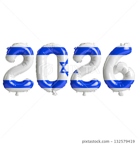 Israel flag colors 2026 3d illustration, balloon numbers 3d rendering on tr.. 132579419