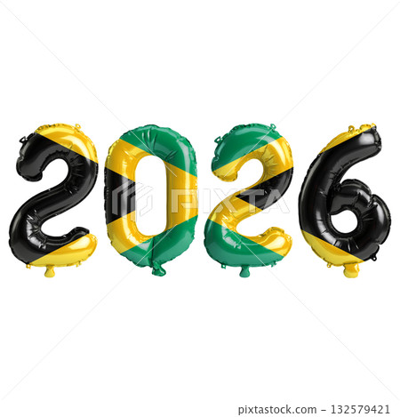 Jamaica flag colors 2026 3d illustration, balloon numbers 3d rendering on t.. 132579421