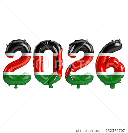 Kenya flag colors 2026 3d illustration, balloon numbers 3d rendering on tra.. Kenya flag colors 2026 3d illustration, balloon numbers 3d rendering on tra.. 132579707